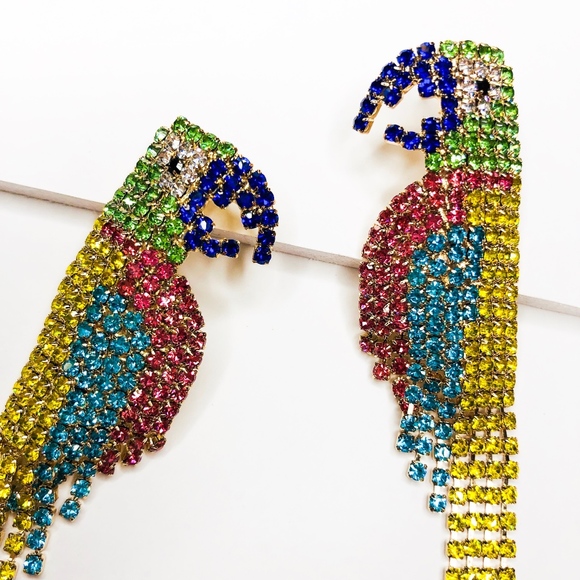 Milena Parrot Rhinestone Dangle Statement Earrings - Picture 4 of 5